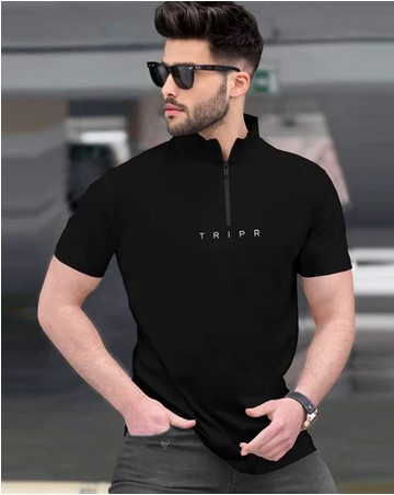 Men High Neck Zipper Half Sleeve T-shirt
