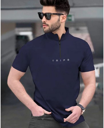 Men High Neck Zipper Half Sleeve T-shirt