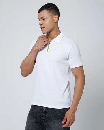 Mens Half Sleeve Zipper Waffle White T-shirt