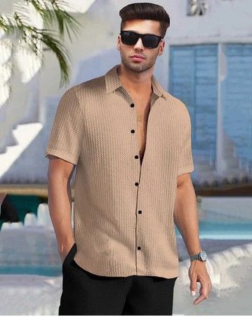 Textured Half Sleeve Plain Waffle Shirt