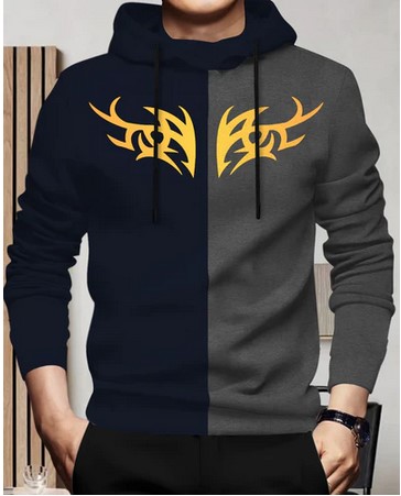 Full Sleeve Hooded Neck Dual Color Printed T-shirt Navy & Darkgrey