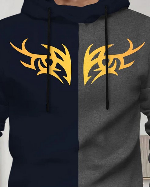 Full Sleeve Hooded Neck Dual Color Printed T-shirt Navy & Darkgrey