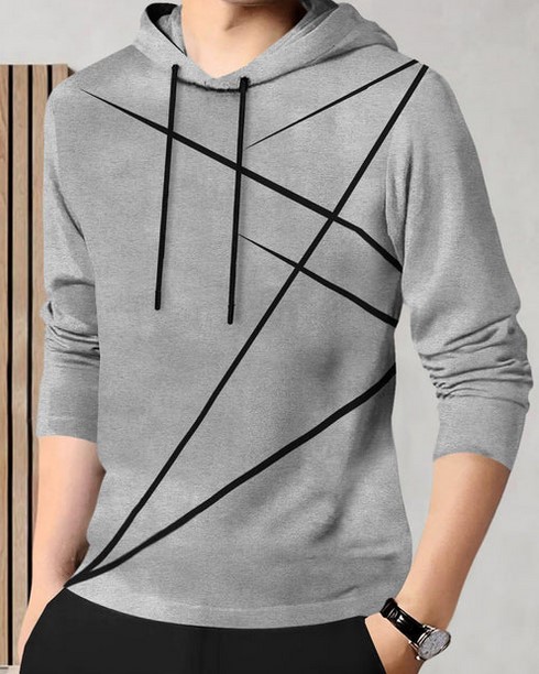 Full Sleeve Hooded Neck Printed T-shirt Grey