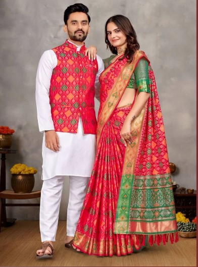Couple Wear Kurta Pajama with Koti for Men and Matching Saree