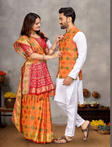 Orange Couple Combo Mens Cotton Kurta with Womens Jacquard Silk Saree