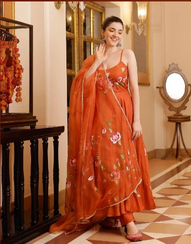 Orange Printed Georgette Anarkali Kurti Set