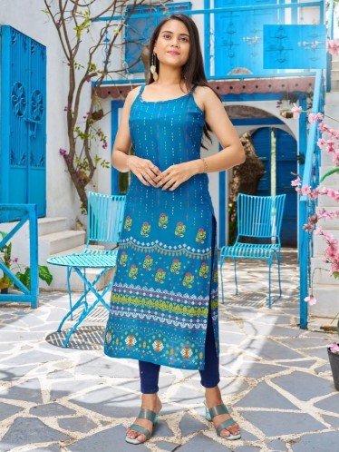 Sleeveless Rayon Printed Straight Cut Kurti
