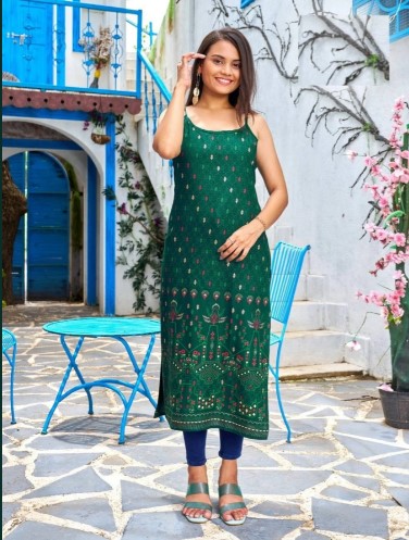 Sleeveless Rayon Printed Straight Cut Kurti