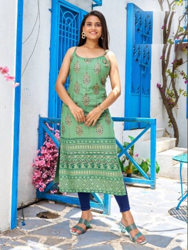 Sleeveless Rayon Printed Straight Cut Kurti
