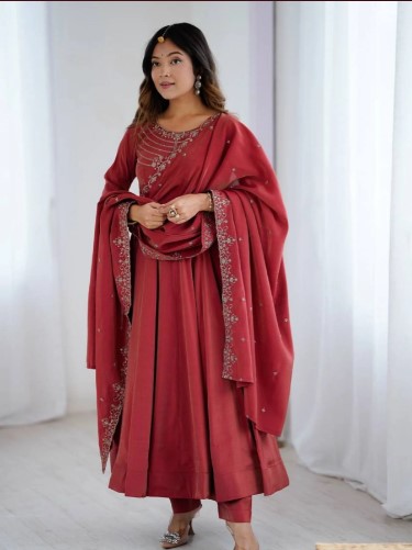Maroon Roman Shimmer Silk Anarkali Suit with Dupatta