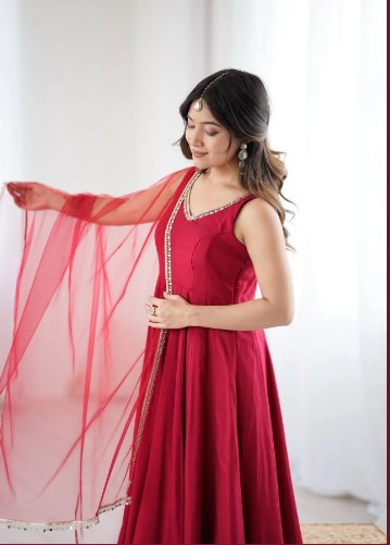 Roman silk Chanderi Anarkali Suit with Dupatta and Pant