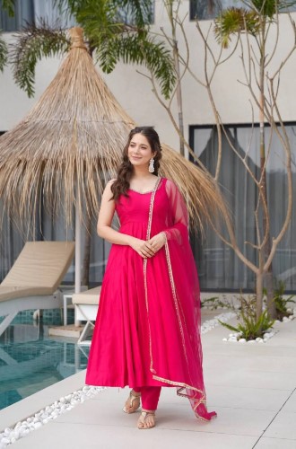 Royal Rani Pink Pure Roman silk Chanderi Anarkali Set with Dupatta and Pant