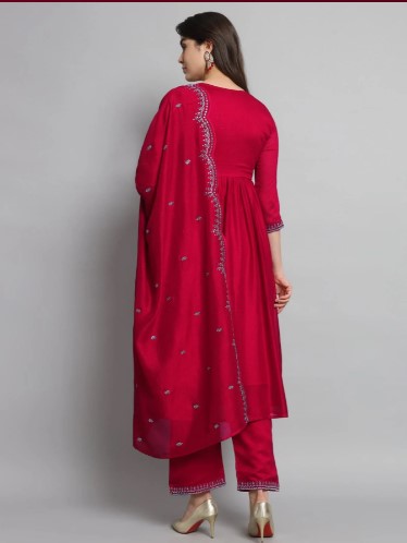 Red Vichitra Silk Embroidered A-Line Kurta Set
