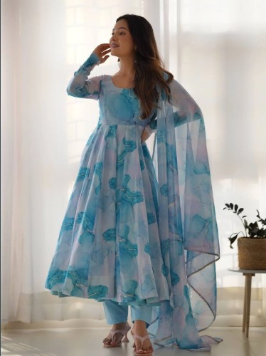 Marble Print Organza Anarkali Set with Gota Dupatta