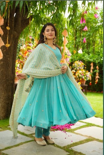 Aqua Blue Faux Georgette Gown Style Kurti with Pant and Dupatta