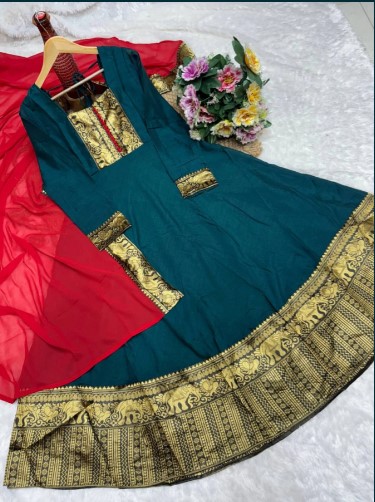 Bottle Green Vichitra Silk Suit with Jacquard Border Dupatta