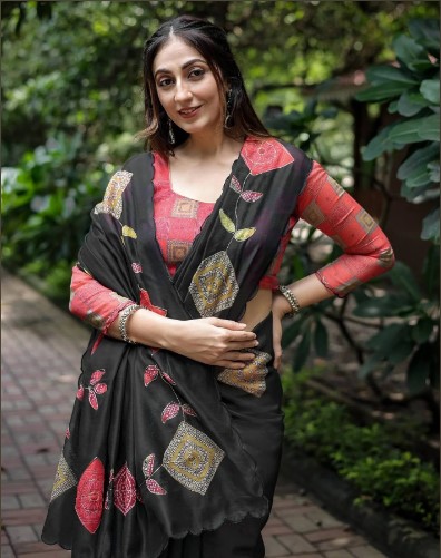 Black Cotton Printed Saree with Designer Blouse