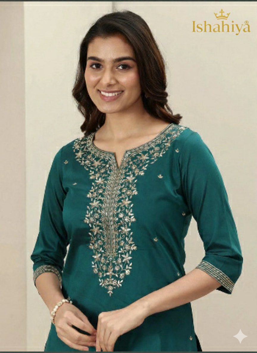 Premium Teal Roman Silk Kurta Pant Set with Intricate Embroidery and Chanderi Dupatta