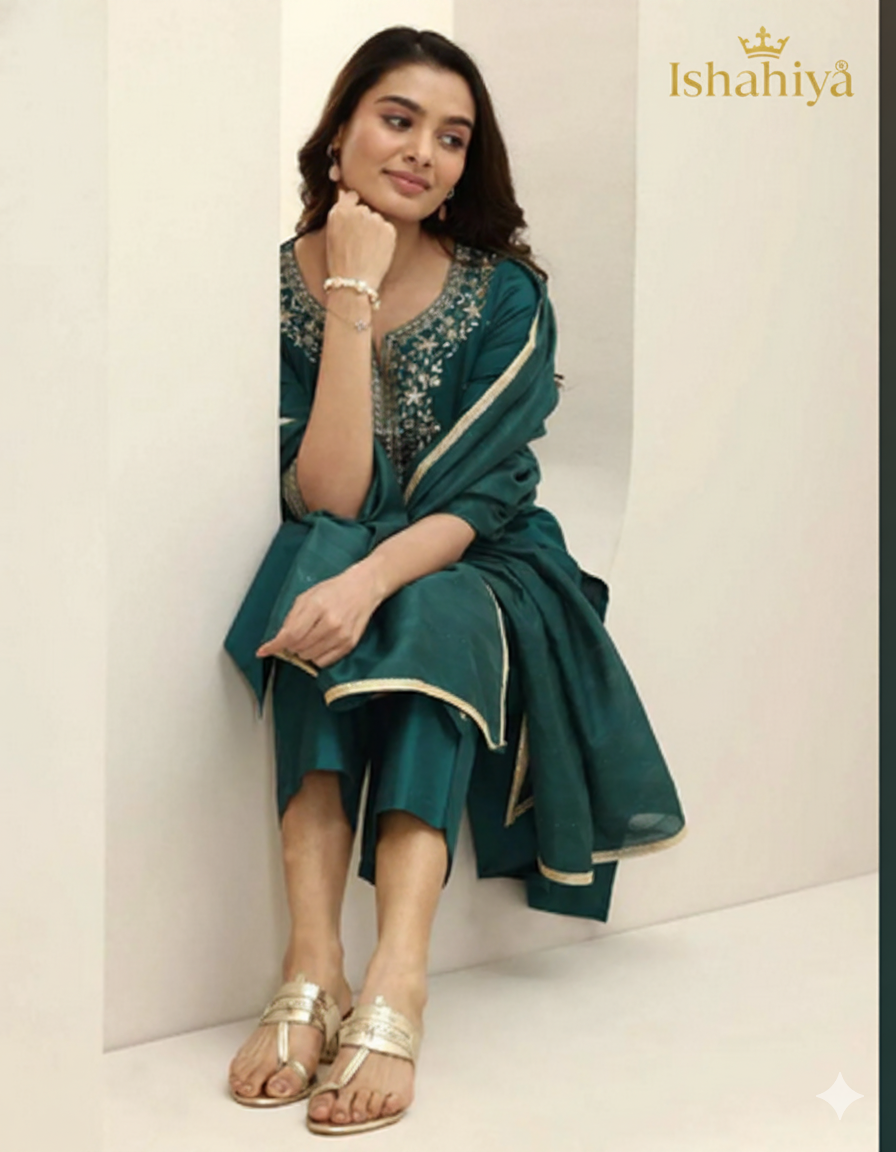 Premium Teal Roman Silk Kurta Pant Set with Intricate Embroidery and Chanderi Dupatta