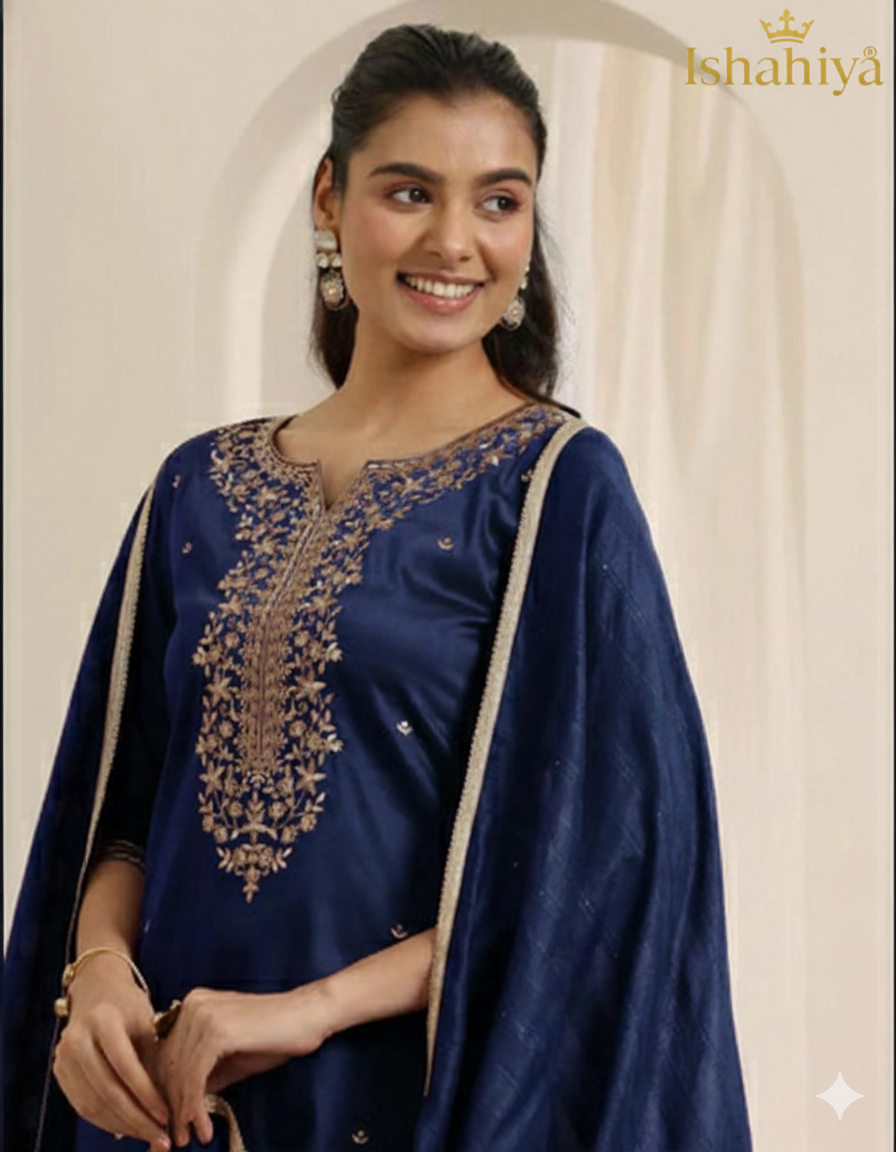 Roman Silk Straight Kurta Pant Set with Chanderi Silk Embroidery Work