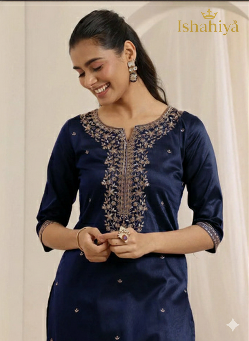 Roman Silk Straight Kurta Pant Set with Chanderi Silk Embroidery Work