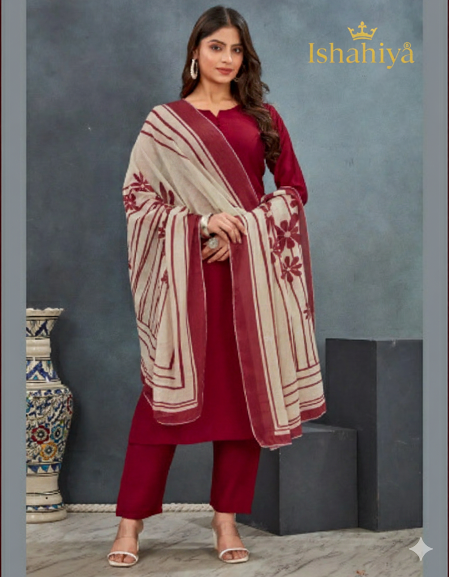 Premium Roman Silk Kurti Set Maroon Straight Kurta with Pant Dupatta 3 Piece Suit