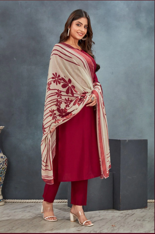 Premium Roman Silk Kurti Set Maroon Straight Kurta with Pant Dupatta 3 Piece Suit