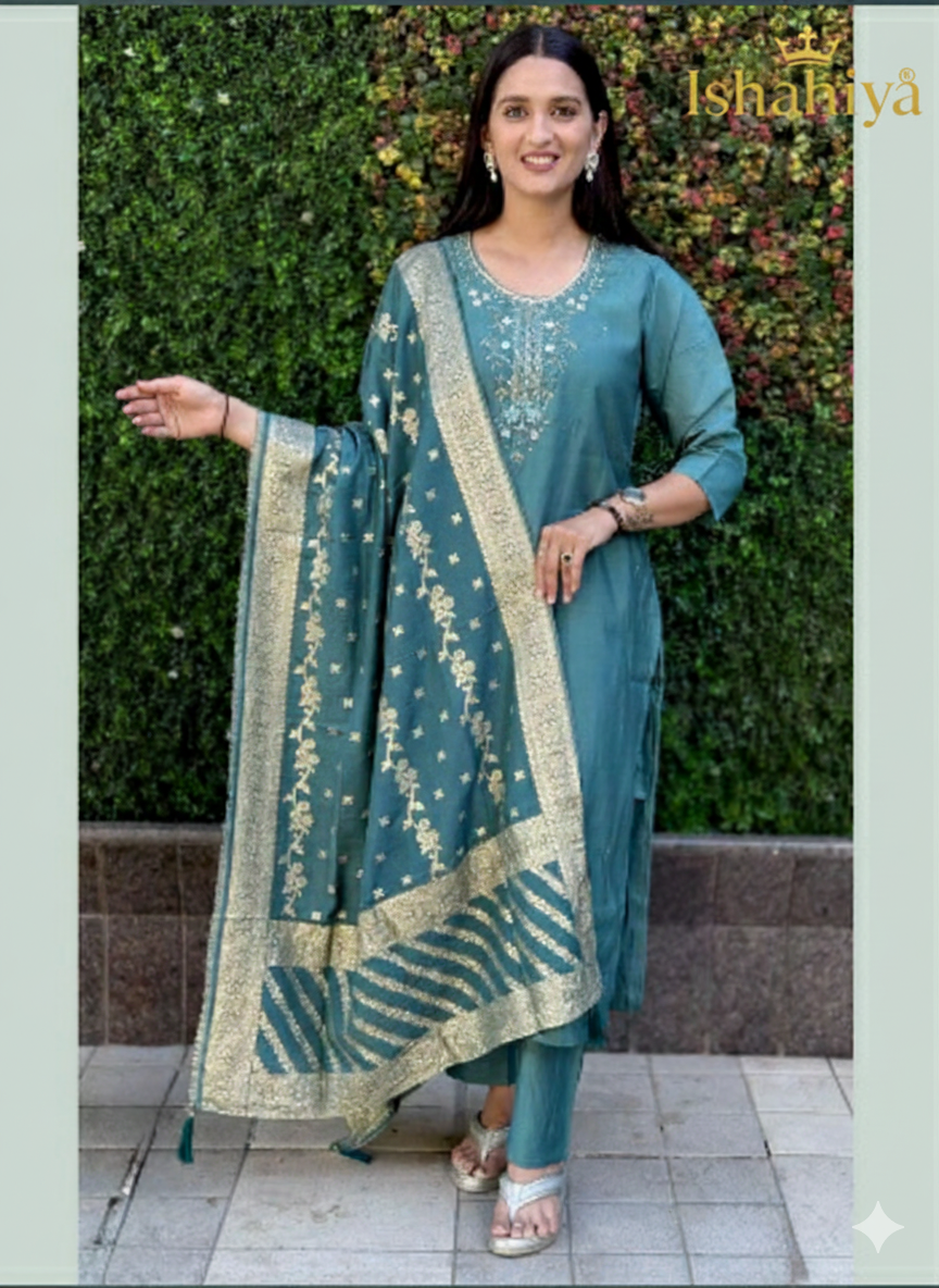 Premium Roman Silk Kurti Pant Set with Jacquard Muslin Dupatta 3 Piece